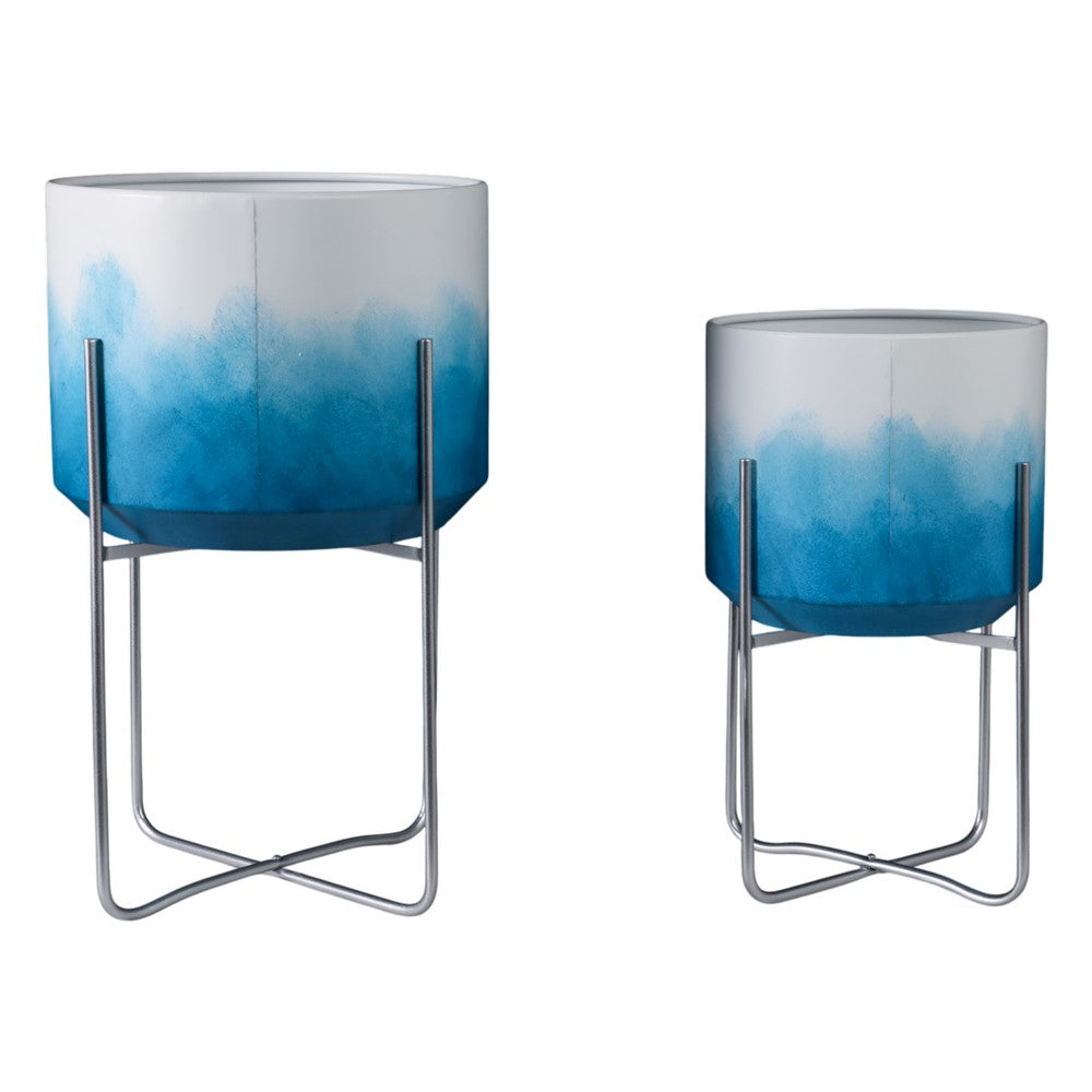 Planter on Stand Set of 2 | Raised Design | Blue & White Gradient | Iron