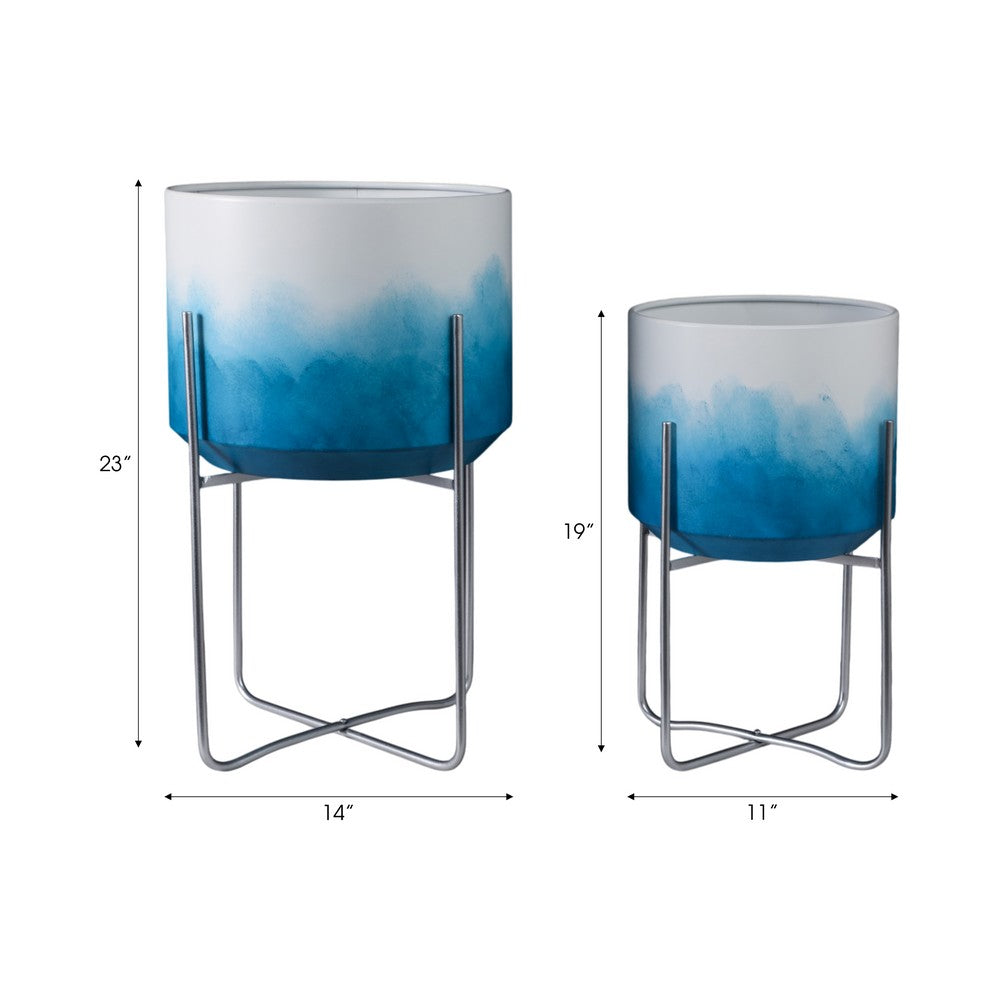 Planter on Stand Set of 2 | Raised Design | Blue & White Gradient | Iron