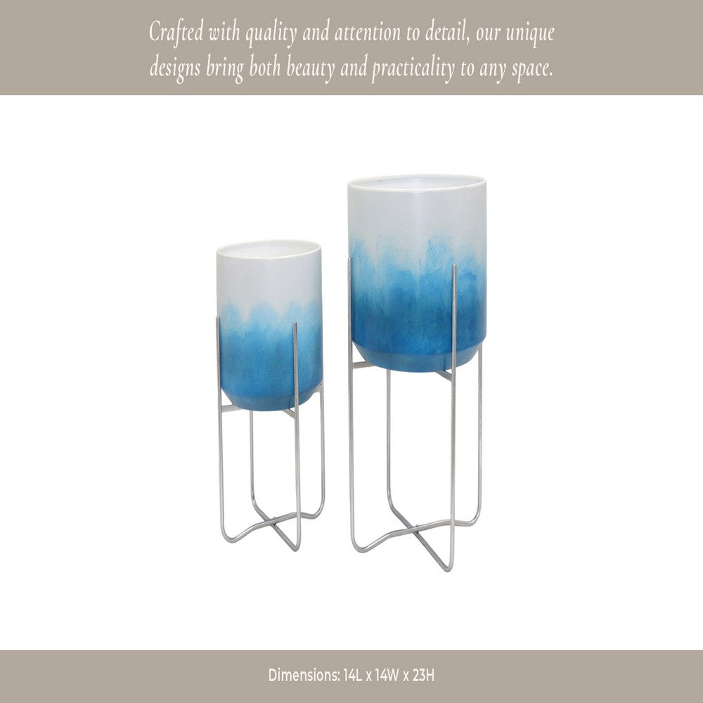 Planter on Stand Set of 2 | Raised Design | Blue & White Gradient | Iron