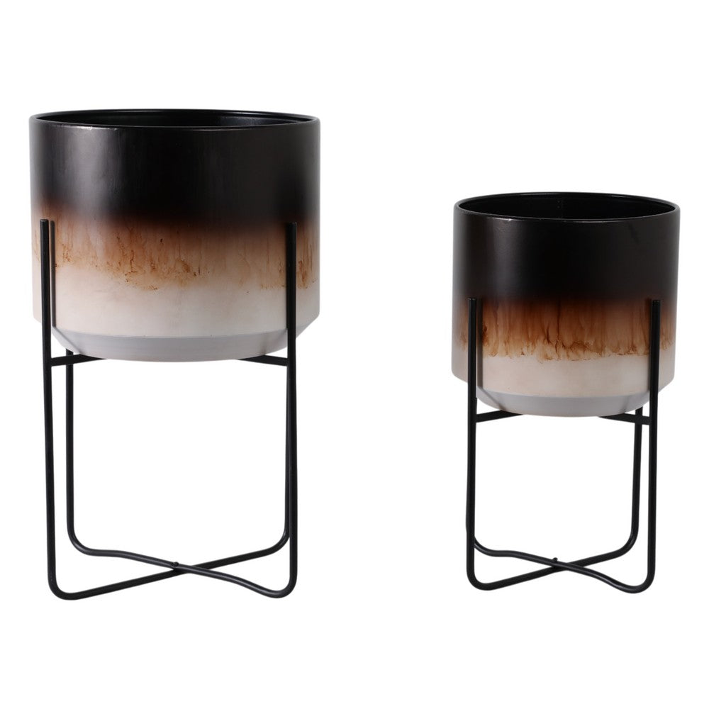 Outdoor Planter Set of 2 | Modern Cylindrical Brown Ombre | Black Stand
