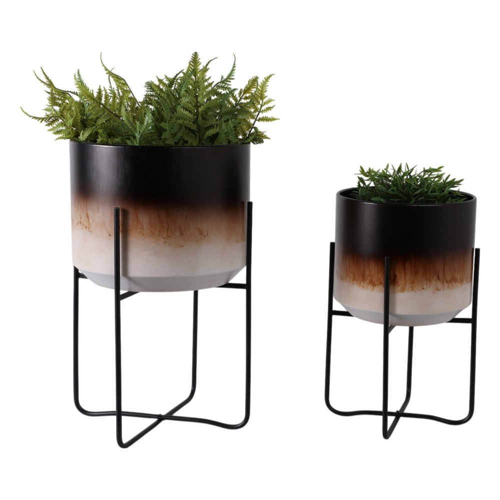 Outdoor Planter Set of 2 | Modern Cylindrical Brown Ombre | Black Stand