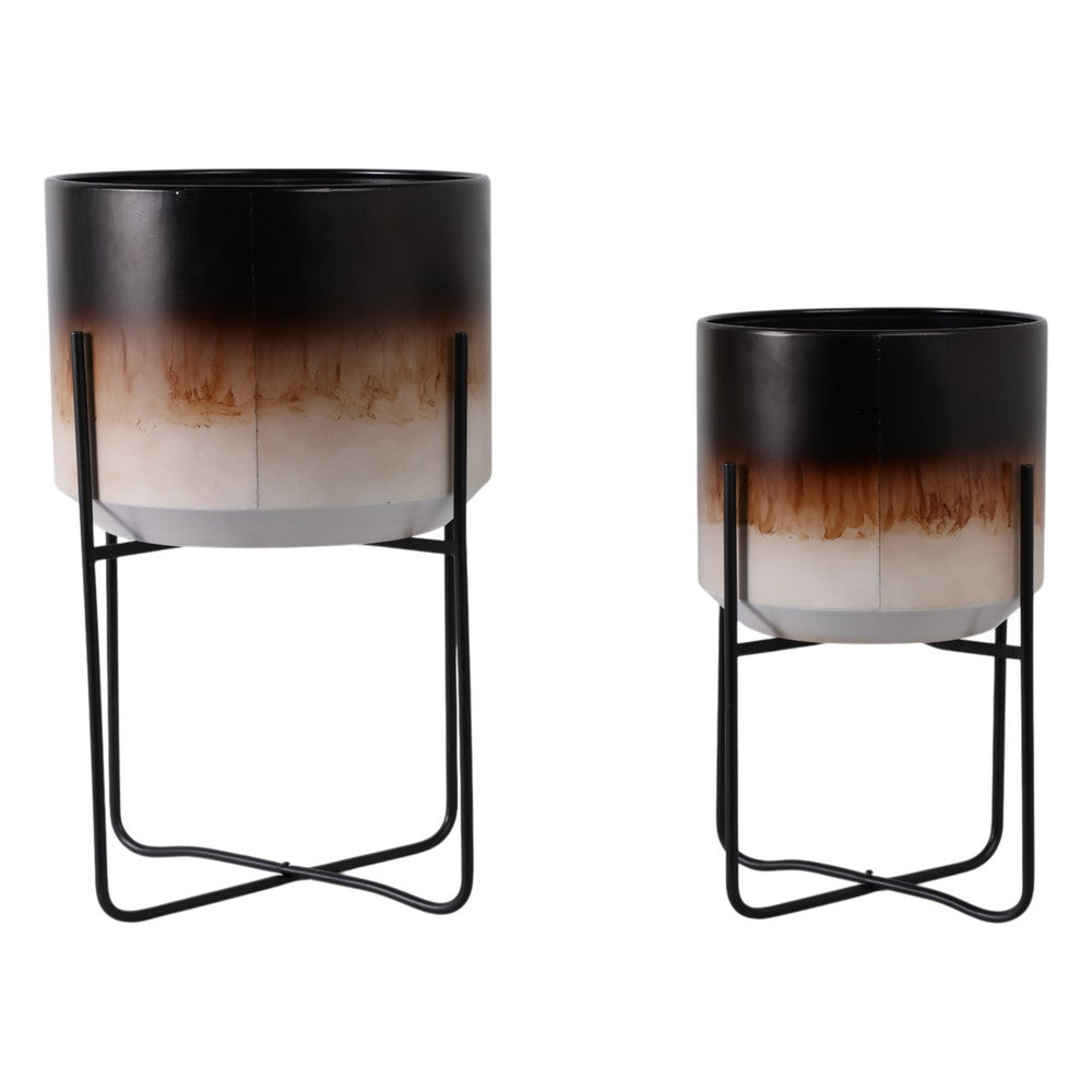 Outdoor Planter Set of 2 | Modern Cylindrical Brown Ombre | Black Stand