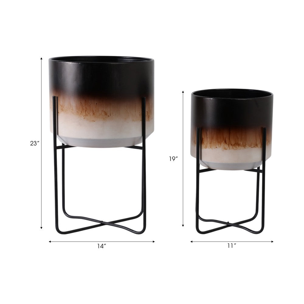 Outdoor Planter Set of 2 | Modern Cylindrical Brown Ombre | Black Stand