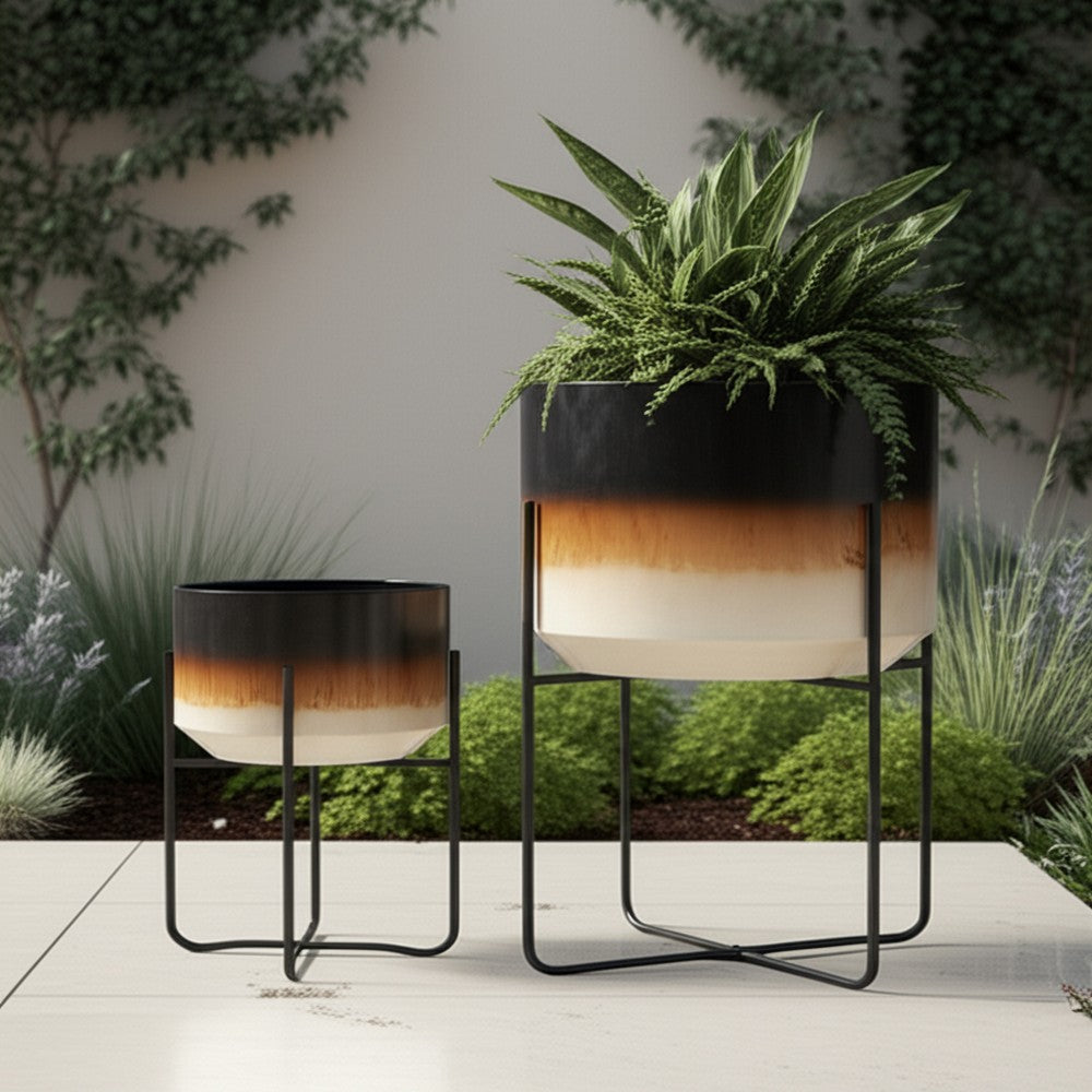 Outdoor Planter Set of 2 | Modern Cylindrical Brown Ombre | Black Stand