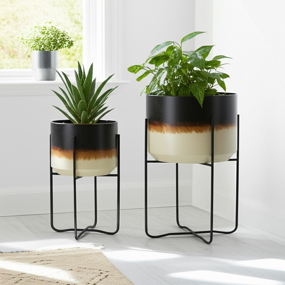 Outdoor Planter Set of 2 | Modern Cylindrical Brown Ombre | Black Stand