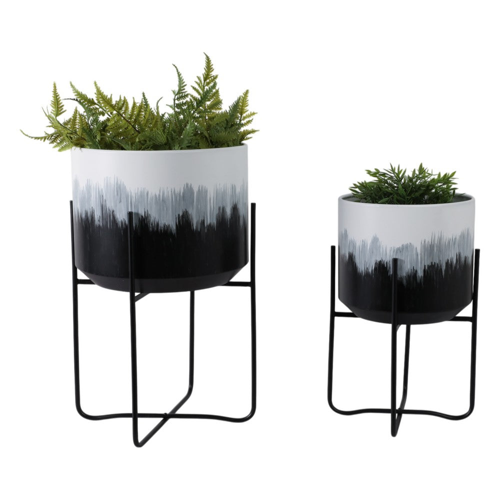 Outdoor Decorative Planters Set of 2 | White Brushstrokes Art | Black Iron