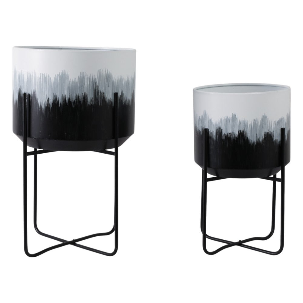 Outdoor Decorative Planters Set of 2 | White Brushstrokes Art | Black Iron