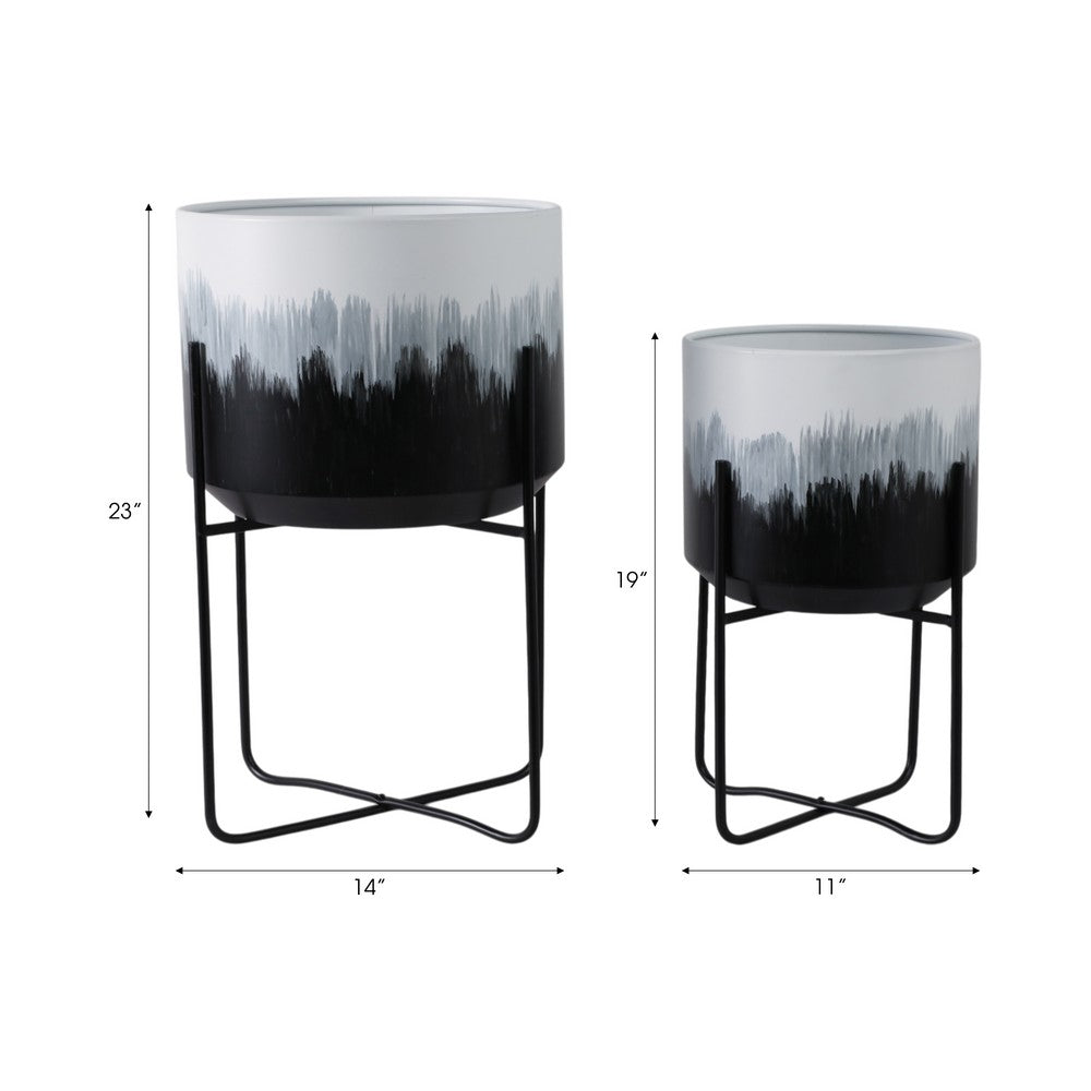 Outdoor Decorative Planters Set of 2 | White Brushstrokes Art | Black Iron
