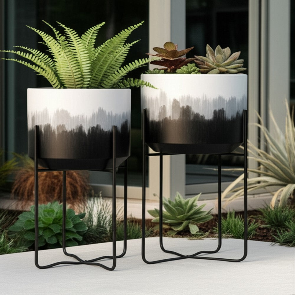 Outdoor Decorative Planters Set of 2 | White Brushstrokes Art | Black Iron