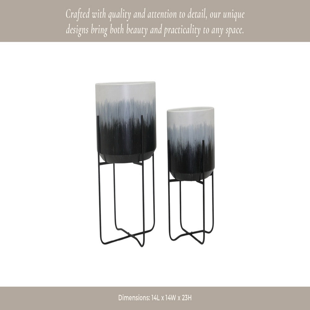 Outdoor Decorative Planters Set of 2 | White Brushstrokes Art | Black Iron