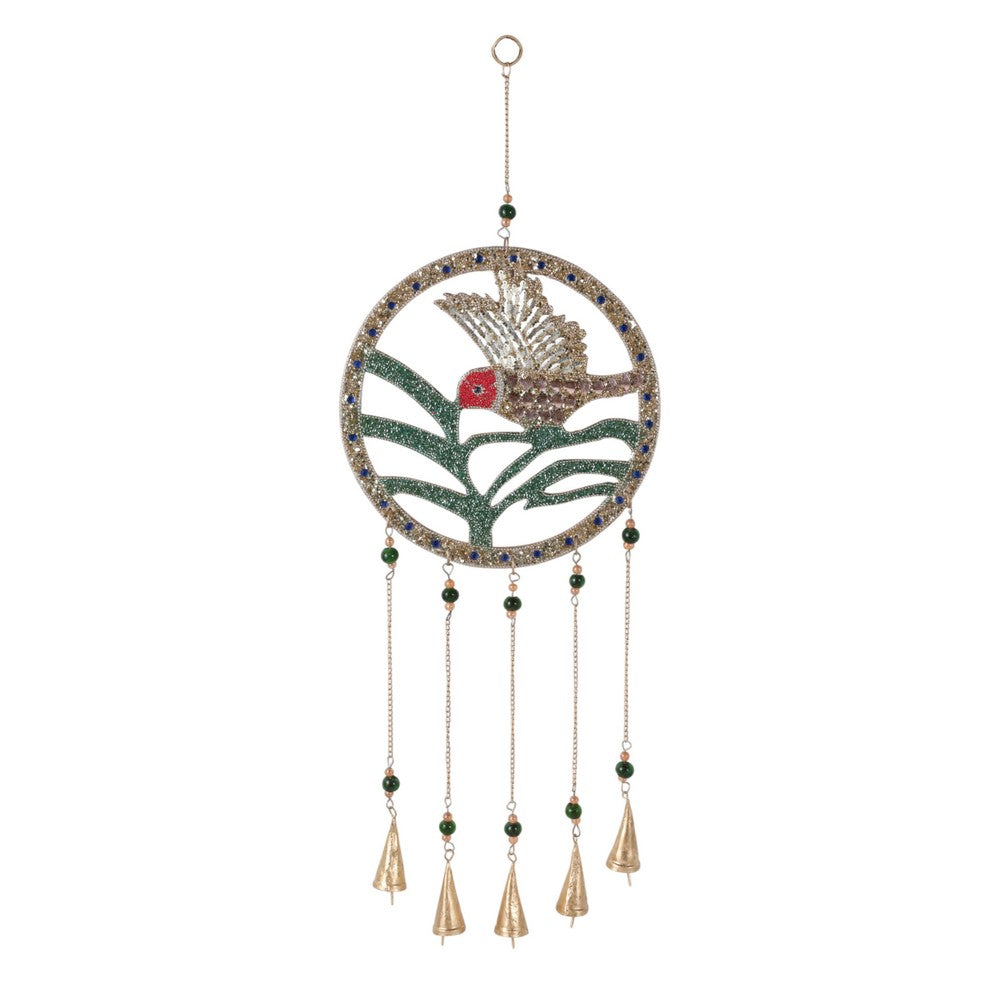 Hanging Wind Chime | Beaded Mosaic Hummingbird | Green Wood | Gold Bells