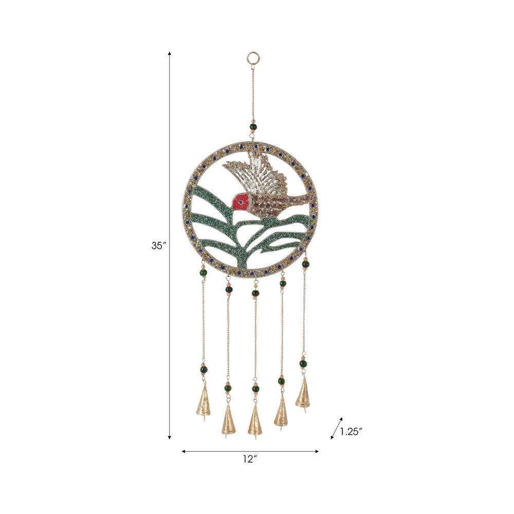 Hanging Wind Chime | Beaded Mosaic Hummingbird | Green Wood | Gold Bells