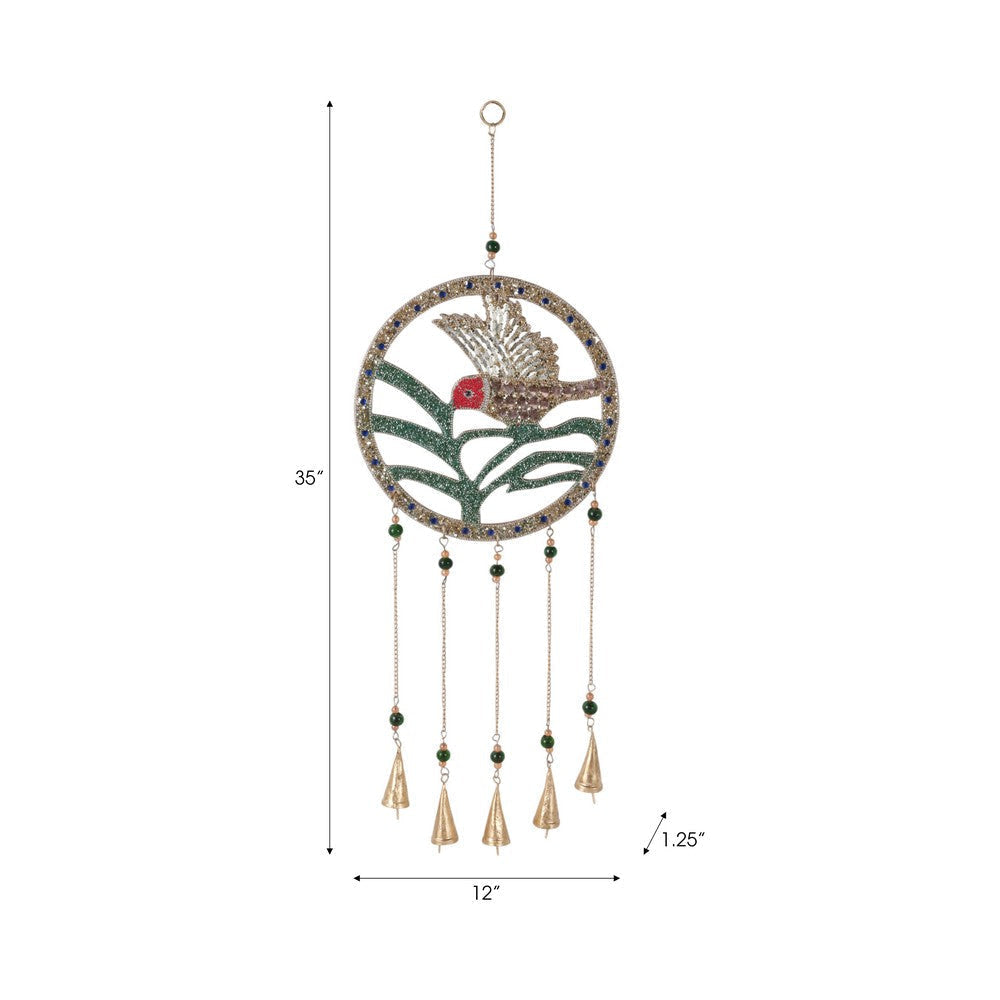 Hanging Wind Chime | Beaded Mosaic Hummingbird | Green Wood | Gold Bells SBH-22210