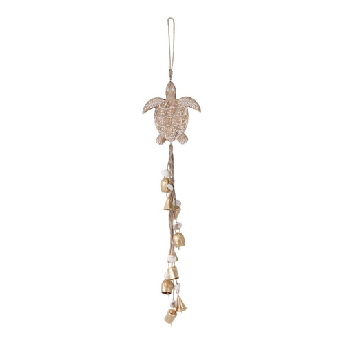 Turtle Wind Chime with Seashells & Gold Bells | Rope String | Brown Wood