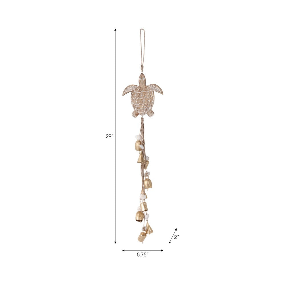Turtle Wind Chime with Seashells & Gold Bells | Rope String | Brown Wood