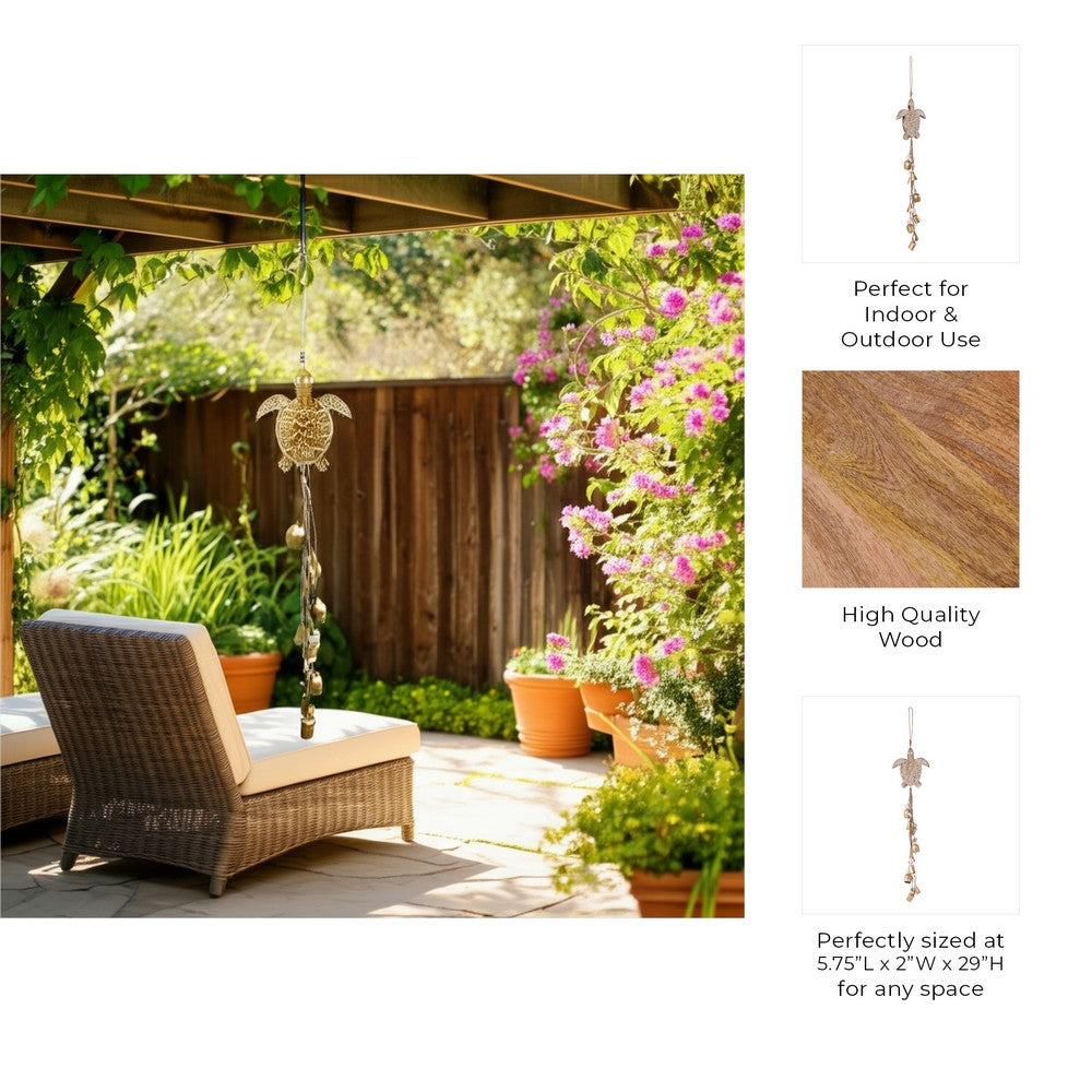 Turtle Wind Chime with Seashells & Gold Bells | Rope String | Brown Wood
