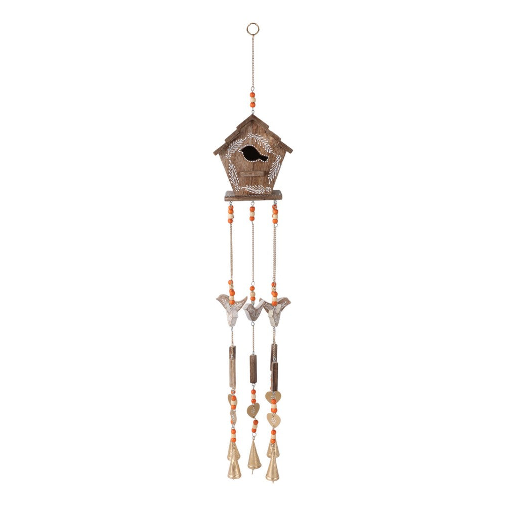 Decorative Birdhouse Wind Chime | Beaded & Bell Accent | 38" Brown