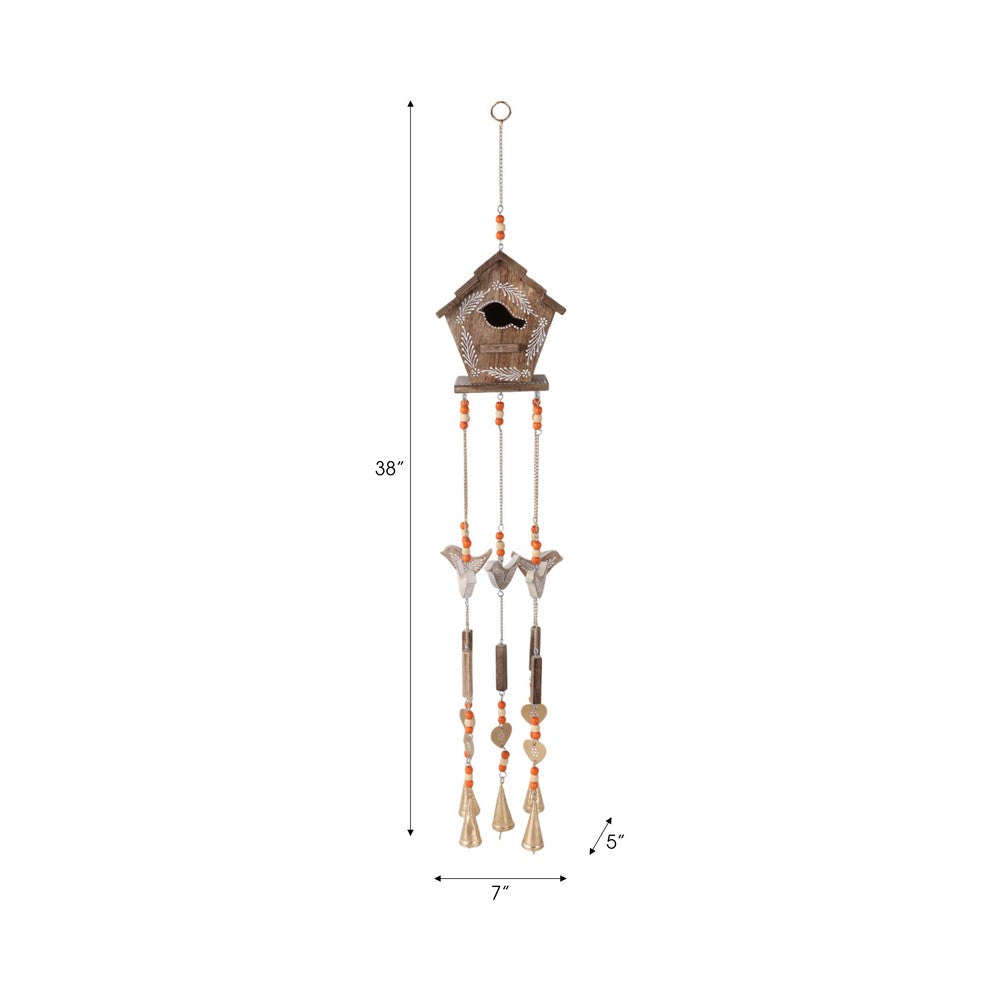 Decorative Birdhouse Wind Chime | Beaded & Bell Accent | 38" Brown