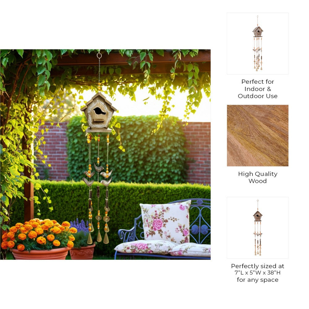 Decorative Birdhouse Wind Chime | Beaded & Bell Accent | 38" Brown