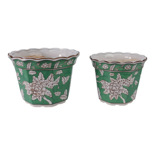 Planter Set of 2 | Handpainted Floral | Scallop Rim | Green Ceramic 10 12"