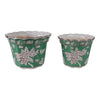 Planter Set of 2 | Handpainted Floral | Scallop Rim | Green Ceramic 10 12"