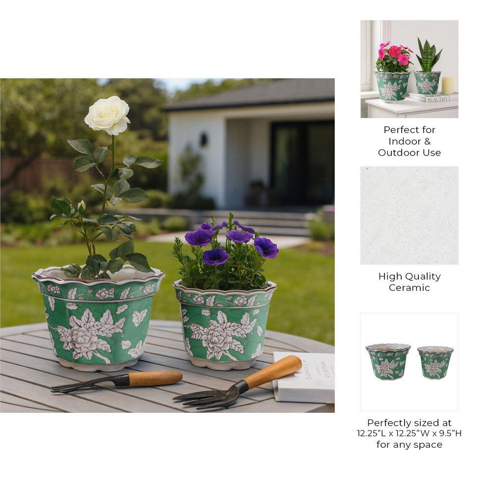 Planter Set of 2 | Handpainted Floral | Scallop Rim | Green Ceramic 10 12"