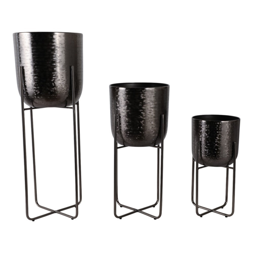Accent Planter on Stand Set of 3 | Cross Design | Etched Modern Black Iron