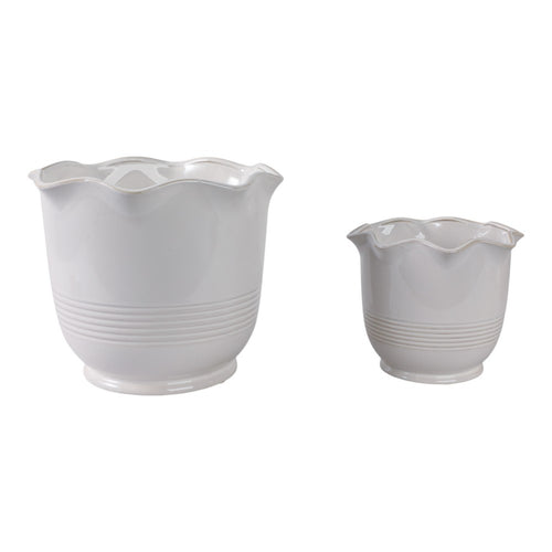 Outdoor Planters Set of 2 | Scalloped Ruffle Rim, Ivory | 8, 11"