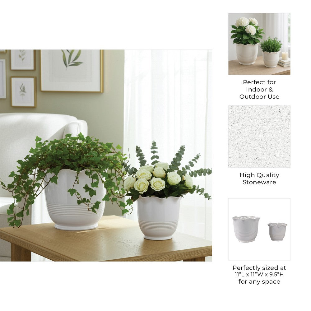 Outdoor Planters Set of 2 | Scalloped Ruffle Rim, Ivory | 8, 11"