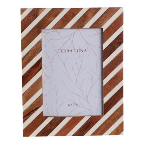 5x7 Accent Photo Frame | Brown Wood Frame with Ivory Diagonal Lines