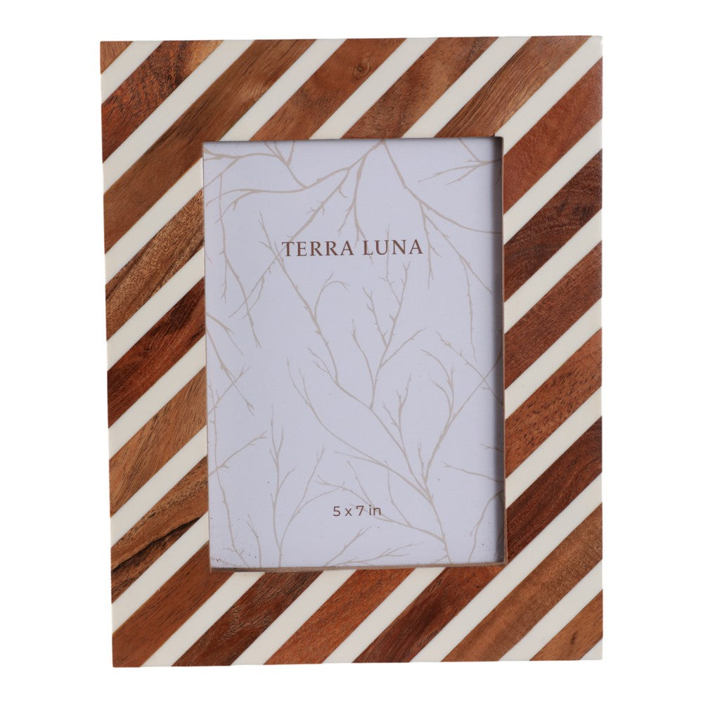5x7 Accent Photo Frame | Brown Wood Frame with Ivory Diagonal Lines