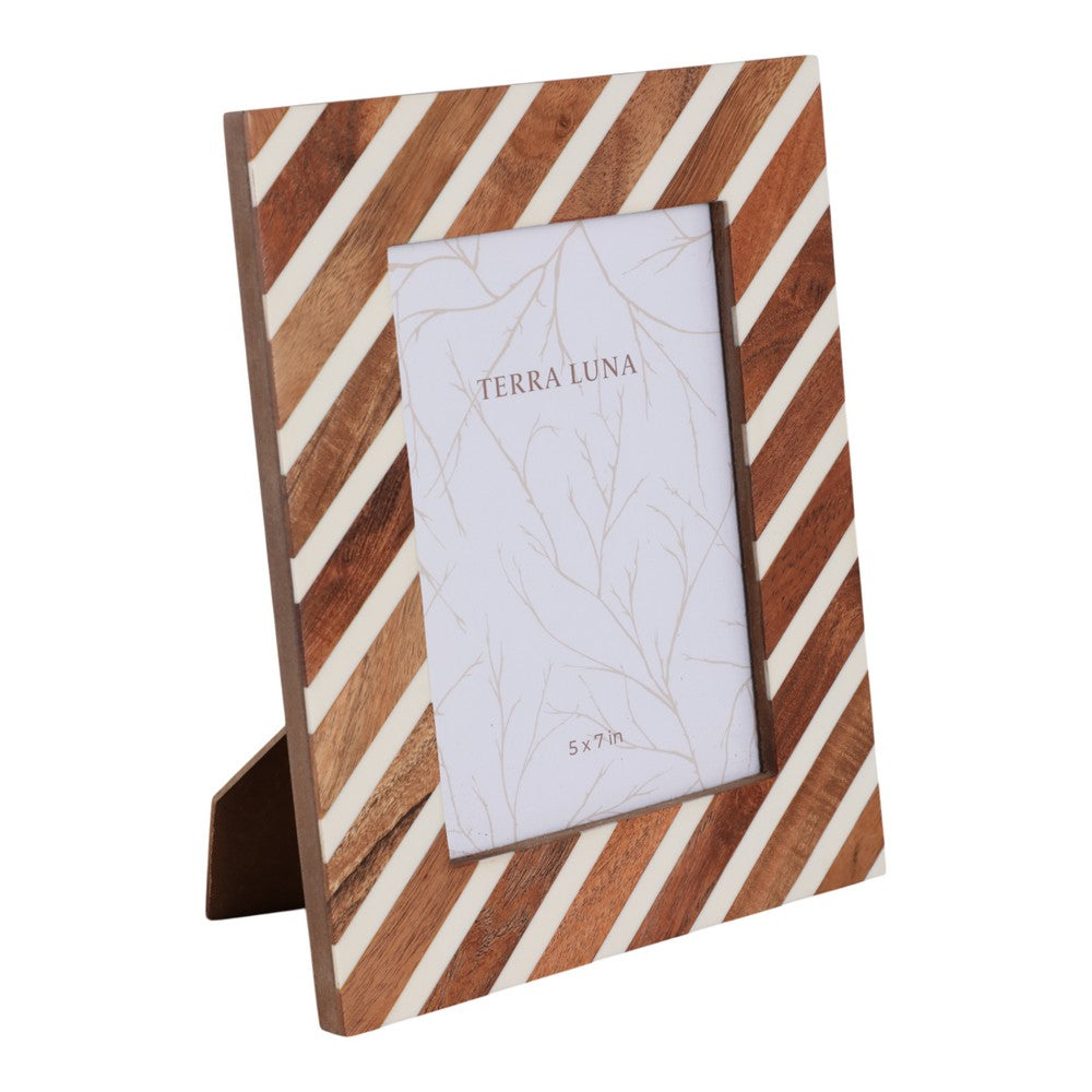 5x7 Accent Photo Frame | Brown Wood Frame with Ivory Diagonal Lines