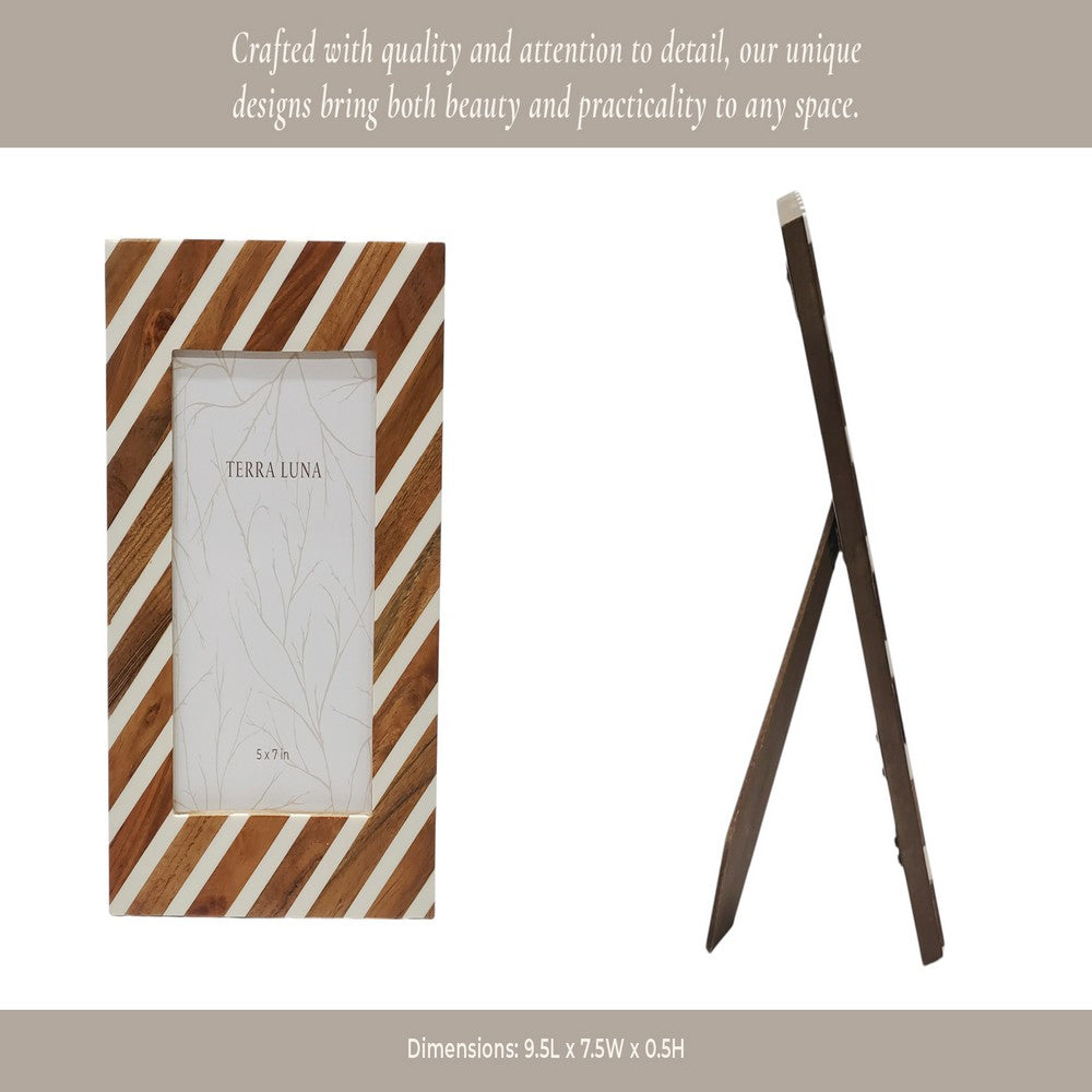 5x7 Accent Photo Frame | Brown Wood Frame with Ivory Diagonal Lines