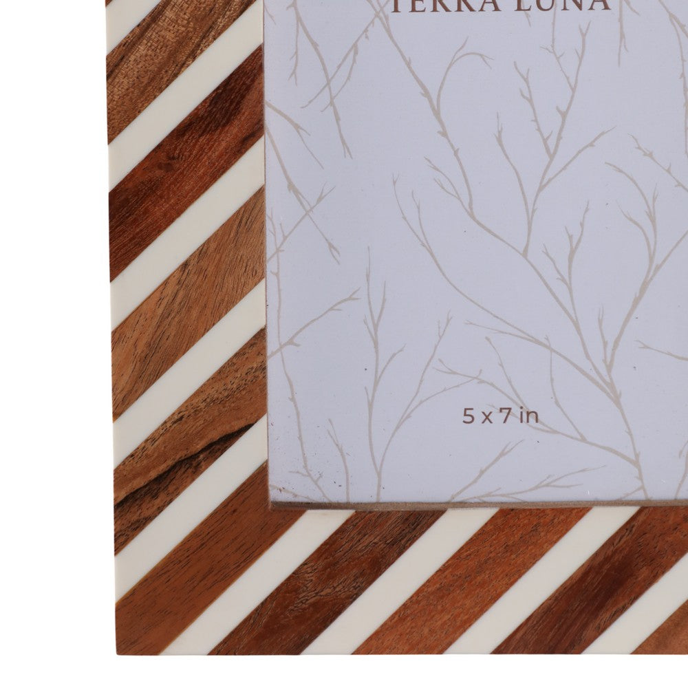 5x7 Accent Photo Frame | Brown Wood Frame with Ivory Diagonal Lines