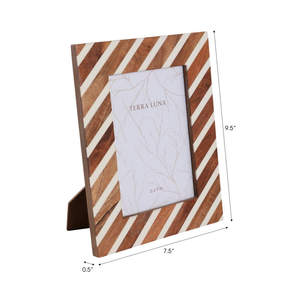 5x7 Accent Photo Frame | Brown Wood Frame with Ivory Diagonal Lines