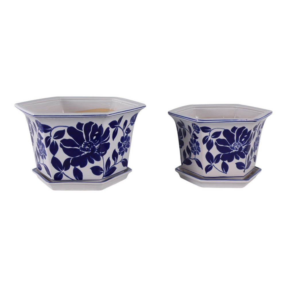 Vintage White & Blue Planter with Saucer Set of 2 | Floral Vine | Ceramic