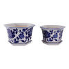 Vintage White & Blue Planter with Saucer Set of 2 | Floral Vine | Ceramic