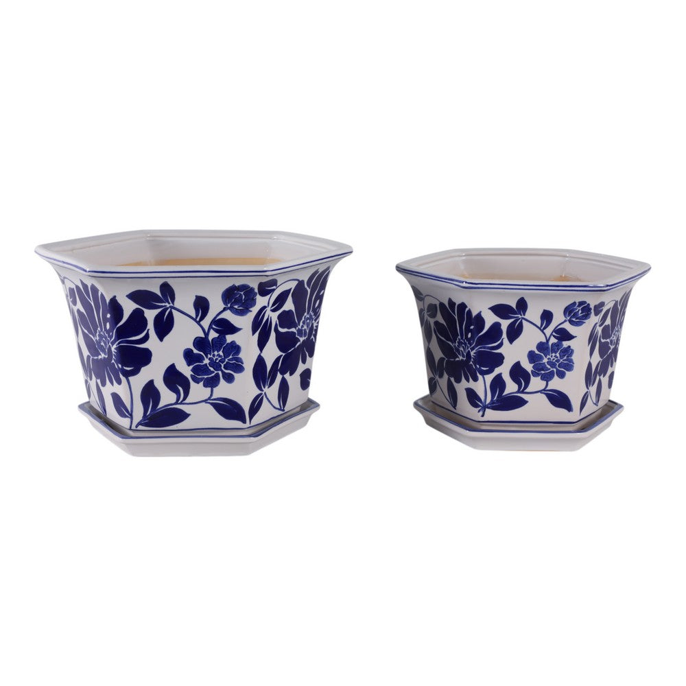 Vintage White & Blue Planter with Saucer Set of 2 | Floral Vine | Ceramic