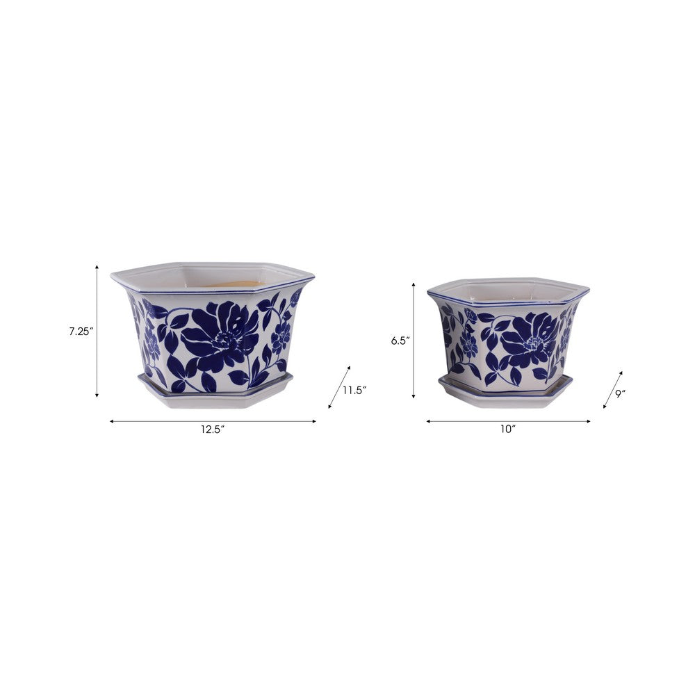 Vintage White & Blue Planter with Saucer Set of 2 | Floral Vine | Ceramic