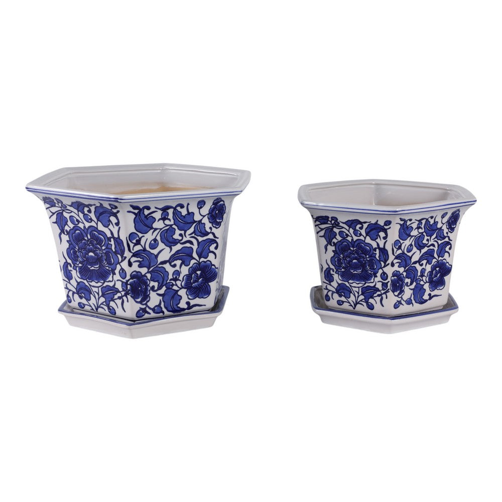 Xian Chinoiserie Planters Set of 2 | Blue Motifs | White Ceramic 10 13"