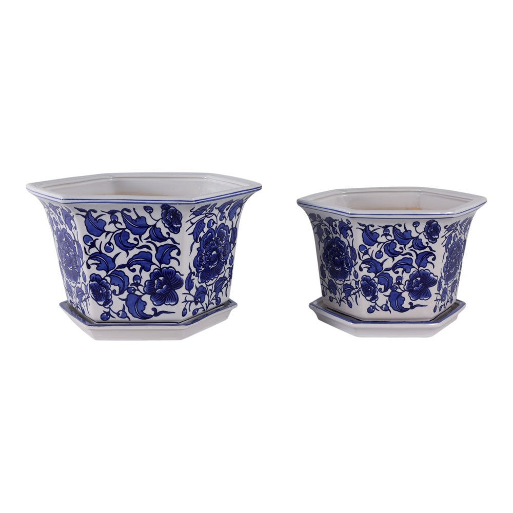 Xian Chinoiserie Planters Set of 2 | Blue Motifs | White Ceramic 10 13"
