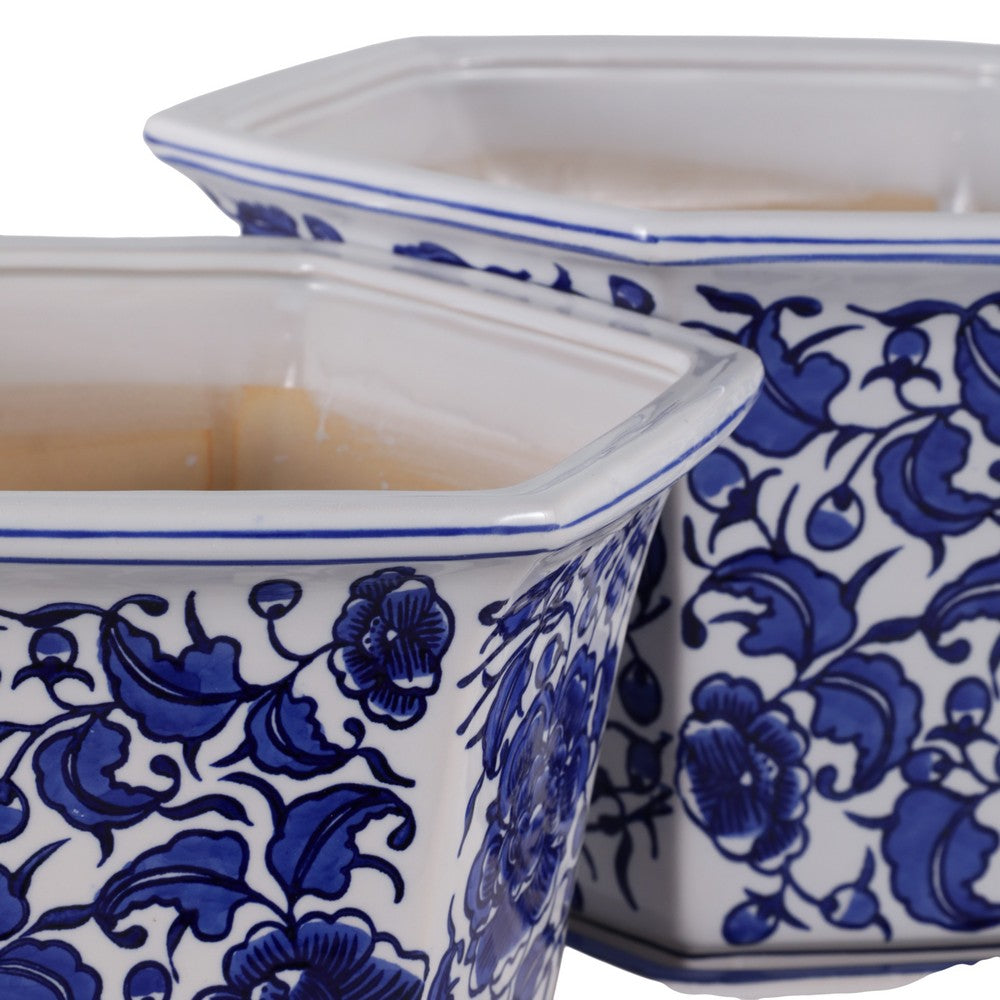 Xian Chinoiserie Planters Set of 2 | Blue Motifs | White Ceramic 10 13"