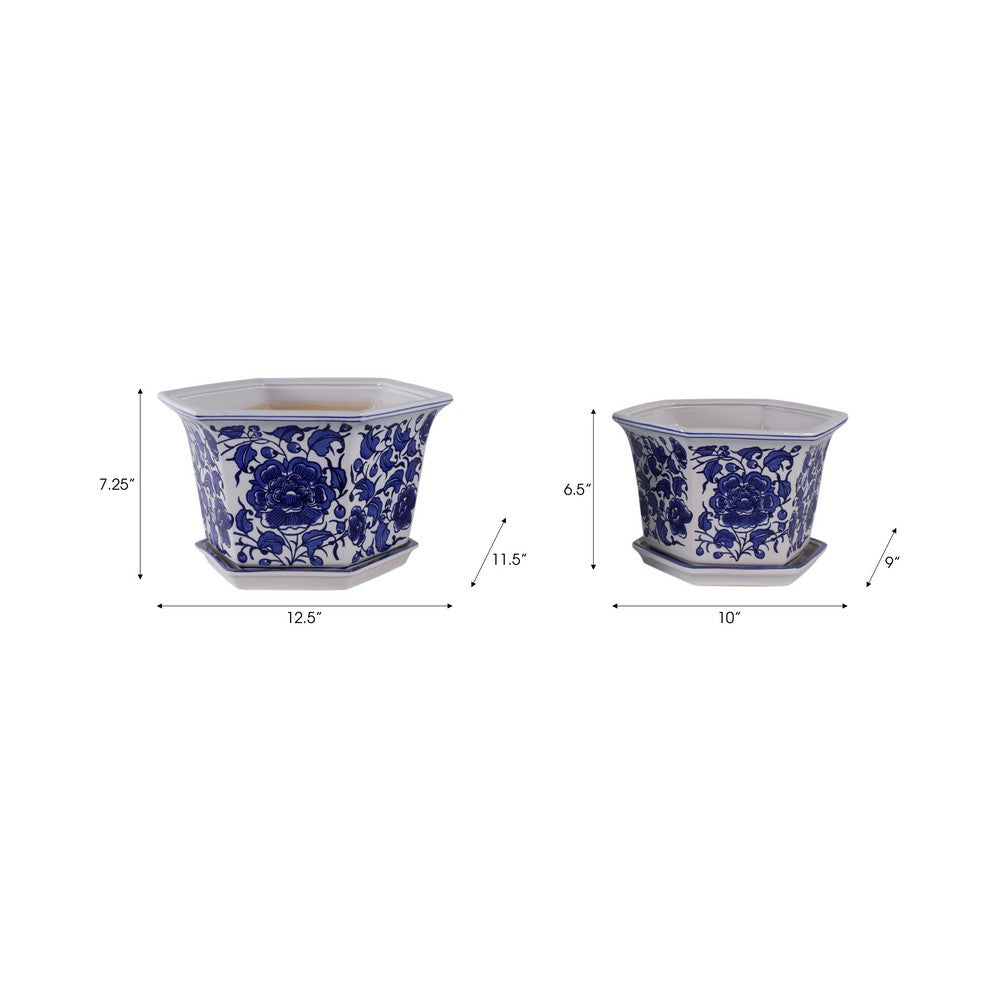 Xian Chinoiserie Planters Set of 2 | Blue Motifs | White Ceramic 10 13"
