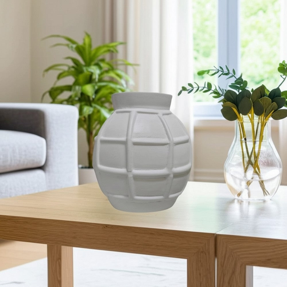 Decorative Vase | Round Shape Windowpane Pattern | White Paper Mache