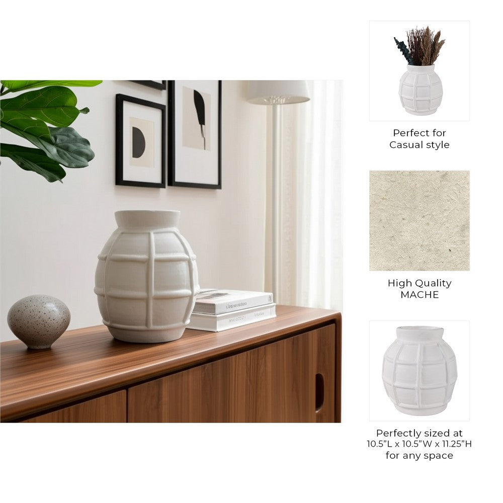 Decorative Vase | Round Shape Windowpane Pattern | White Paper Mache