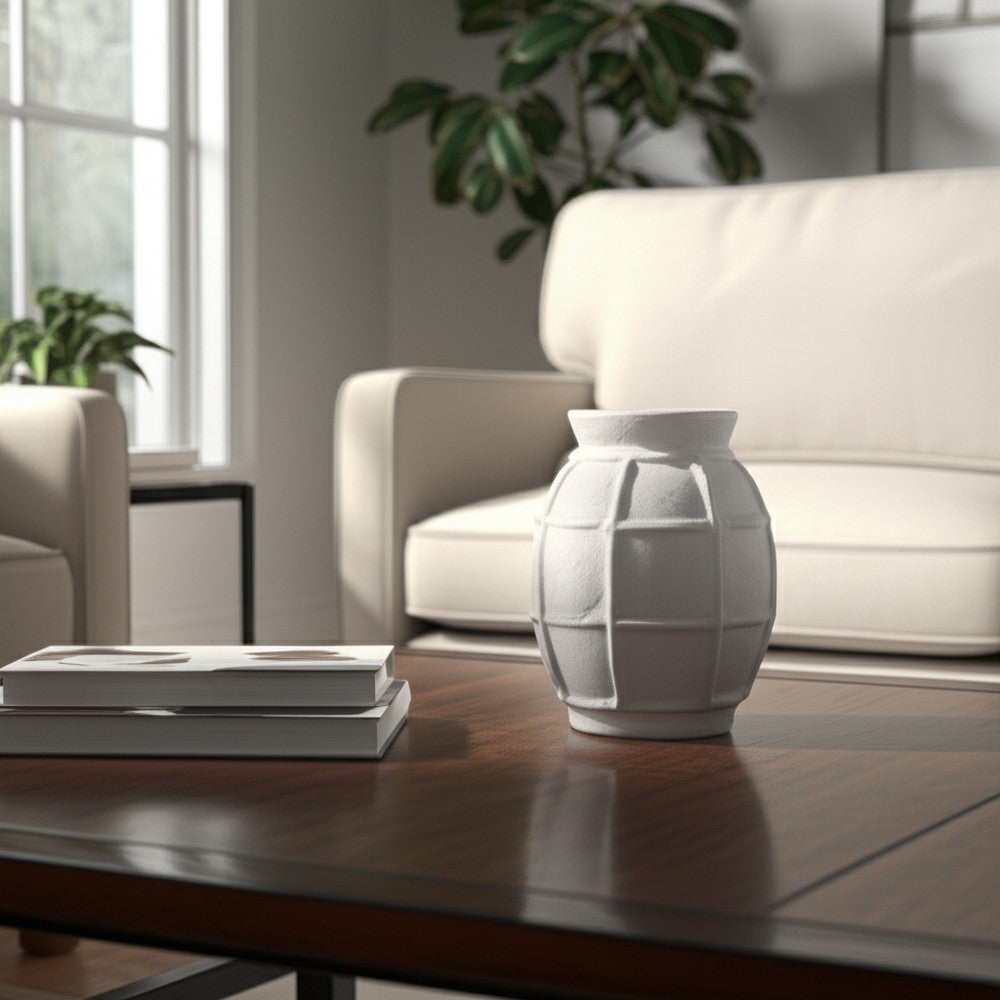 14" Decorative Dry Flower Vase | White Paper Mache Windowpane Design