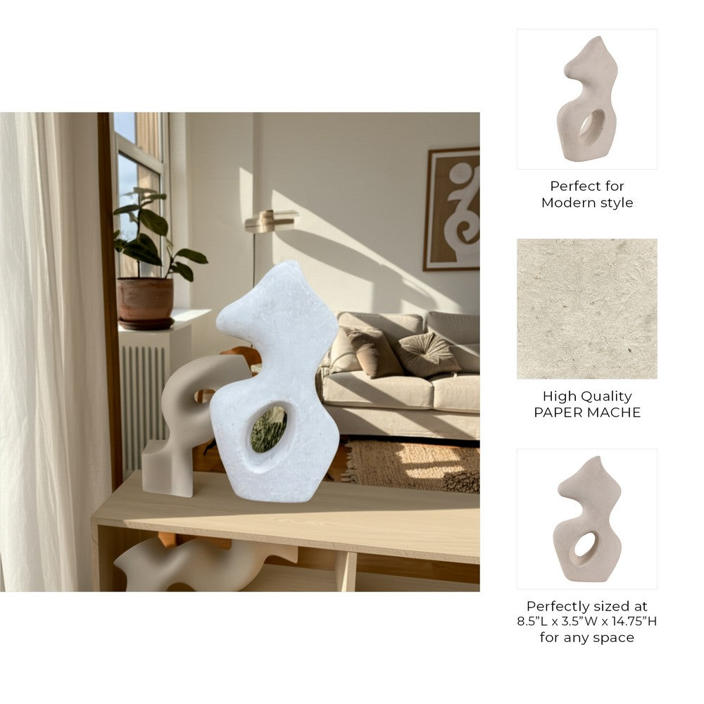 Elegant Curved Abstract Sculpture with Open Center | White Paper Mache