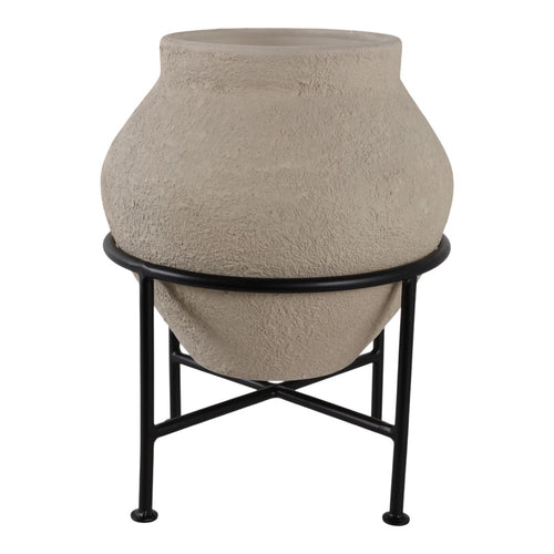 Ivory Terracota Urn Pot on Black Metal Stand | Textured Pottery | 17 Inch