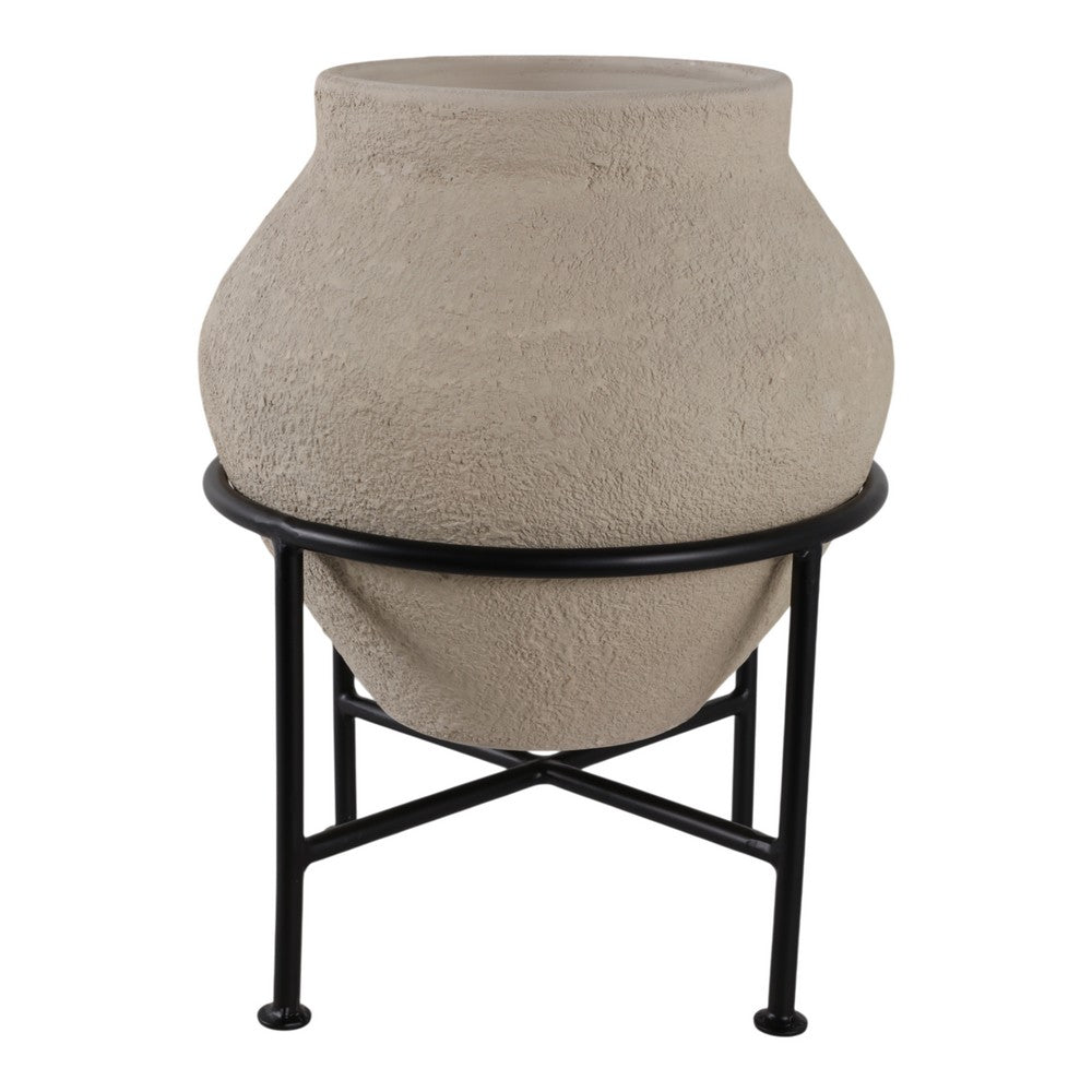 Ivory Terracota Urn Pot on Black Metal Stand | Textured Pottery | 17 Inch