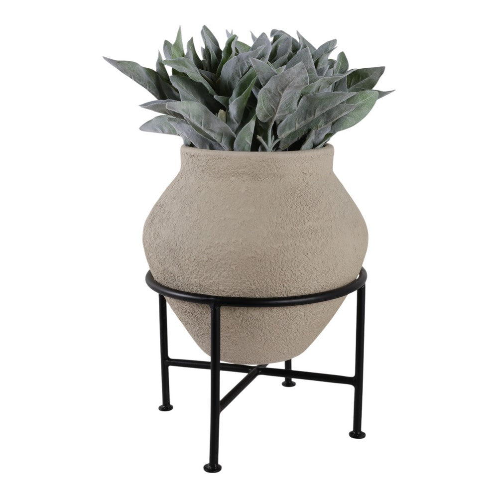 Ivory Terracota Urn Pot on Black Metal Stand | Textured Pottery | 17 Inch
